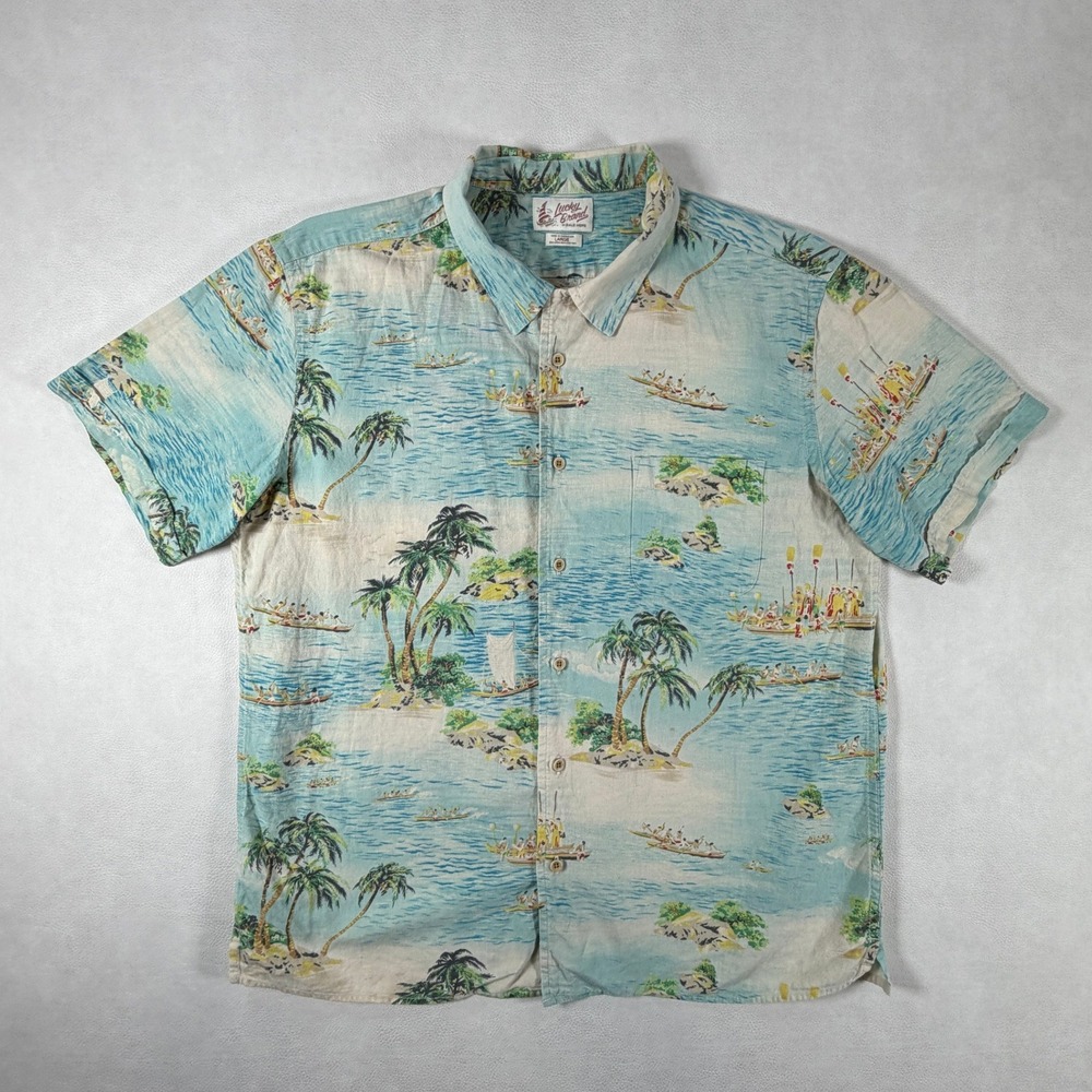 Lucky Brand Dale Hope Mens Large Linen Cotton Tropical Hawaiian Shirt Blue
